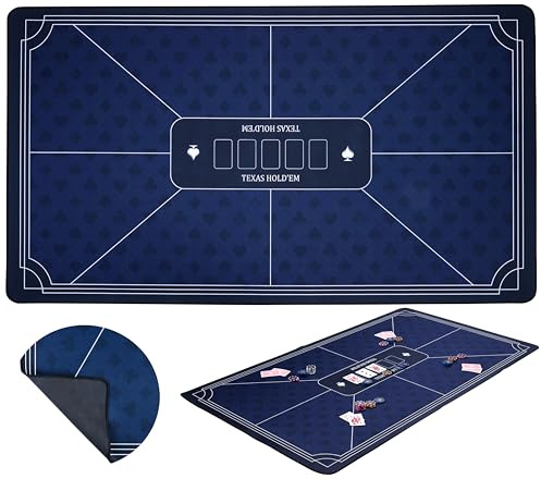 Tapis de Poker Texas Hold’em 140 x 80 cm Bleu – Tapis de Jeux de Cartes | Nappe de jeu Polyester et Caoutchouc Antidérapant, Ép: 3 mm pour Cartes à Jouer et Jetons