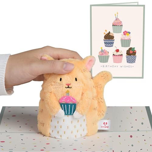 Lovepop® Plüsch Pop 3D Pop-Up Karte mit süßer Katze und Cupcake | Besondere Geburtstagskarte cat birthday wishes greeting card | mit ausziehbarer Notizkarte & Premium Umschlag