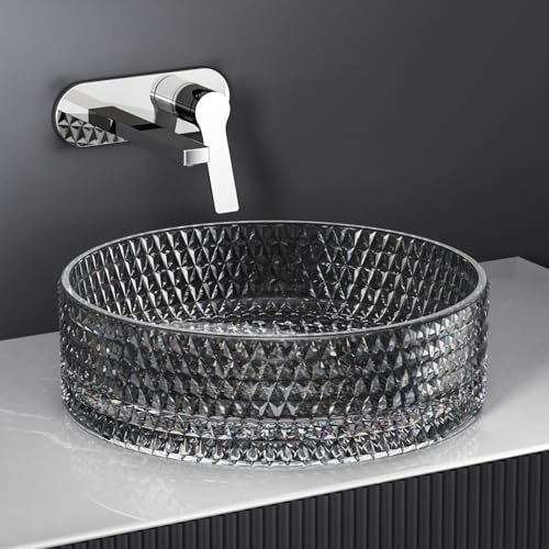 EMKE Lavabo à Poser en Verre Cristal, Lavabo Rond, 360 x 360 x 112 mm, Lavabo de Haute Qualité pour Salle de Bain et WC Invités, Vasque Sans Trou pour Robinet,Lavabo en Verre Noir