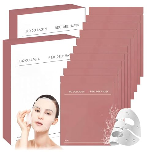 10 Piezas Bio Collagen Real Deep Mask, Mascarilla Facial Bio-Collagen | Mascarilla Coreana de Colágeno, MAscarilla Colágeno Noche, Nutre e Hidrata para Mantener la piel en Buen Estado