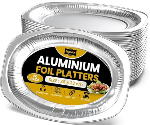 Superior Lot de 20 grands plateaux de service en aluminium réutilisables pour fêtes, buffets, barbecues, passent au four et au congélateur - 35 x 23 cm
