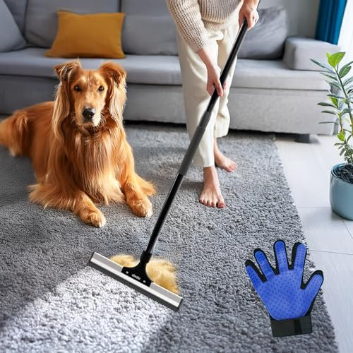 Okköbi Carpet Rake - Fellfeger Besen – Pet Hair Remover für Teppich & Möbel – Gummibesen mit Stiel – Hundehaare Entfernen – Teppich Bürste für Tierhaare – Fellfeger für Teppiche & Böden