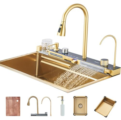 Cesinkin Evier Cuisine Doré Brossé Multifonction avec Haute Pression Robinet Bec Extractible et eau Pure Inox 75x45x21 Evier Cuisine 1 Bac avec Egouttoir