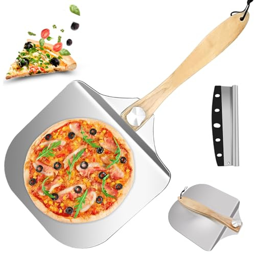 PRITOK 14-Inch Foldable Pizza Peel mit Pizza Cutter: Aluminum Pizza Paddle with Rotating Wood Handle, Non-Stick Baking Shovel for Pizza Oven, Homemade Pizza, Bread, Pie, Compact, Easy Storage