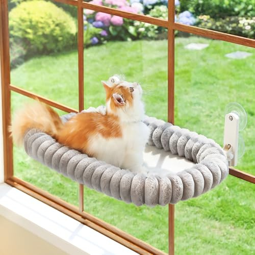 Zakkart SnugCloud Klappbarer Katzen-Fensterplatz – Kabellos, kuschelweiches, waschbares Bett mit 4-Seiten-Polster & Metallrahmen als Fenster-Hängematte für große Katzen & Kätzchen (Grau, Größe M) | Vorhangfreundliches Hängemattenbett, kabellos, ultraweich, maschinenwaschbar, Metallrahmen, unterstützt bis zu 18 kg