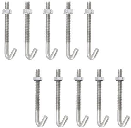 MY MIRONEY 10Sets J Bolt with Nut Washer, Stainless Steel Anchors Bolts Hardware Concrete J-Bolt Cement Post Anchor Bolts Fastener, 3/8 x 4.72, Type 1