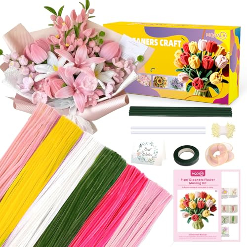 MQOALA Pipe Cleaners Craft, 450Pcs Pink Tulip Pipe Cleaner Bulk Flower Kit Chenille Stems for Pink Lily Rose Bouquet Making Multi-Color Thick Fluffy Wire Sculpture
