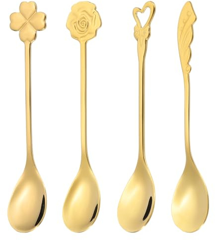 PATIKIL 4 Cucharillas De Café 4 Formas Cucharitas De Té 304 Acero Inoxidable Cucharitas Pequeñas Adorables Para Remover Espresso Café Bar Vajilla Cubiertos Postres Fiesta De Té Dorado