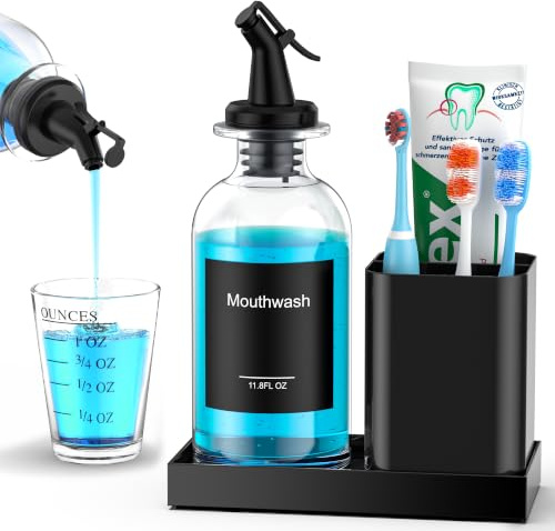 Bathroom Glass Mouthwash Dispenser with Cup,Black Toothbrush Holder Set Stainless Steel with 11.8OZ Clear Nozzle Mouth Wash Dispenser Diatomite Tray，Decor Accessories