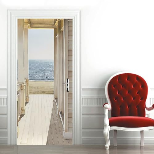 Adesivo Porta Autoadesiva Adesivi per Porte Interne Vista Mare Fuori Dalla Porta 3D Pellicola Adesiva Poster Beige Sticker Murale Parete per pareti e Porte 80x210 cm