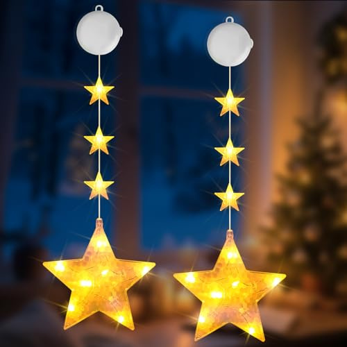 Buudala LED Sterne Weihnachtslichterkette, Sterne Fenster Weihnachten mit Timer 2 Arbeitsmodi Flackern+Immer an, Fensterdeko Weihnachten Weihnachtsbeleuchtung Fenster Batterie Saugnäpfe Weihnachtsdeko