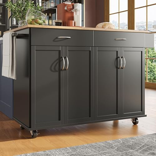 Lahoomu Kücheninsel (106×50×90.5cm), Küchenschrank, Buffetschrank, Speisewagen mit Holzmaserung, Multifunktionale Esstisch mit Speicherraum, Schwarz