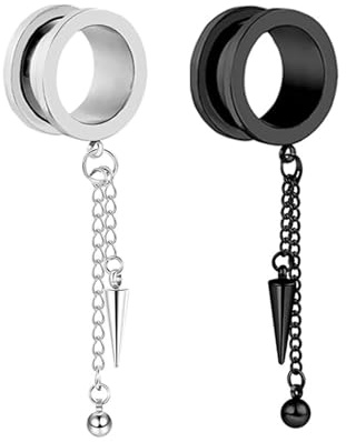 RDSGYZ 2STK Tunnel Stretching Einzigartig, Silber Schwarz Edelstahl Plug Ohr Hypoallergen Körper Piercing Runder Anhänger mit Kette und Kegel für Unisex 16mm (5/8)