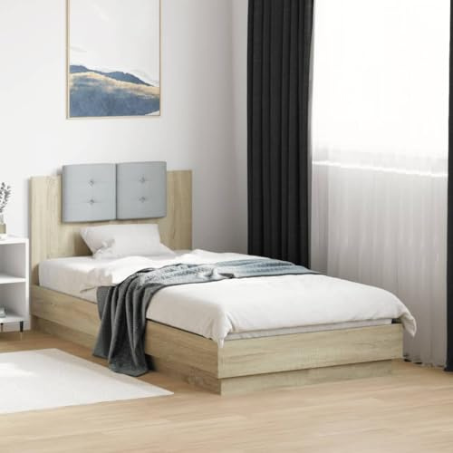QJBSAVVA Jugendbett Sonoma Eiche mit LED Kopfteil 75x190 cm Holzrahmen RGB Farbwechsel modernes Einzelbett für Schlafzimmer Jugendzimmer Gästezimmer