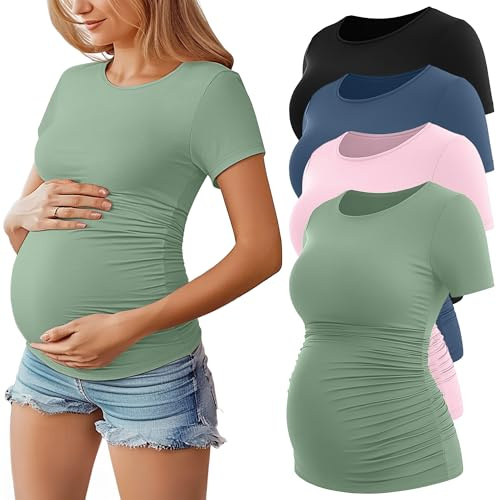 Geyoga Pack 4 Tops Premamá para Mujer De Manga Corta | Algodón, Cuello Redondo, Fruncidos Laterales, Corte Ajustado, Verano, Transpirable, Elástico, Informal, Suave