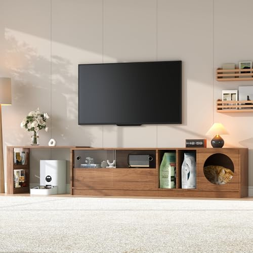 Raeln Mueble TV Madera Nogal Extensible Giratorio 180-260 cm Mesa Television con Casa para Gatos y Puertas Vidrio Soporte TV Forma L Aparador para Salón Comedor
