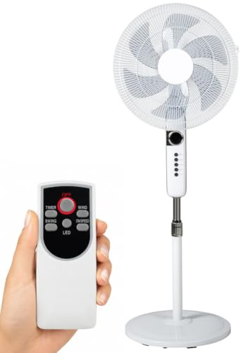 BAKAJI Ventilatore a Piantana da Terra con Telecomando, Base Anti Ribaltamento, Altezza Regolabile con Diametro 45 cm, Potenza 65 W, 3 Velocità Selezionabili, Oscillante e Indipendente, 6 Pale