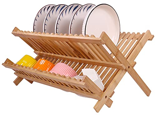 SZUAH Collapsible Bamboo Dish Drying Rack - 2 Tier Space Saving Kitchen Counter Organizer, Holds 19 Plates, Bowls & Utensils (17.8x10.23x9.25)