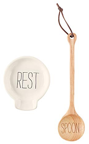 Mud Pie 41300001 Lot de 2 repose-cuillères en bois, céramique, blanc, marron