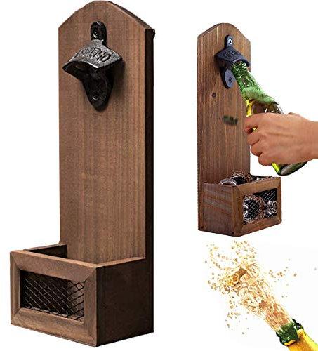 Abridor De Botellas De Cerveza De Madera, Abridor De Botellas Montado En La Pared con Recogedor De Tapa Abridor De Botellas con Recogedor De Tapa para Bar, Cocina, Hogar, Garaje, Terraza, Patio