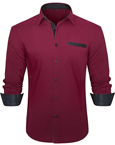 HISDERN Chemise Homme Rouge Et Noir Manches Longues Regular Fit Chemises Hommes Habillées de Marque Business Casual Chemise avec Poche Poitrine,Bordeaux,XXL