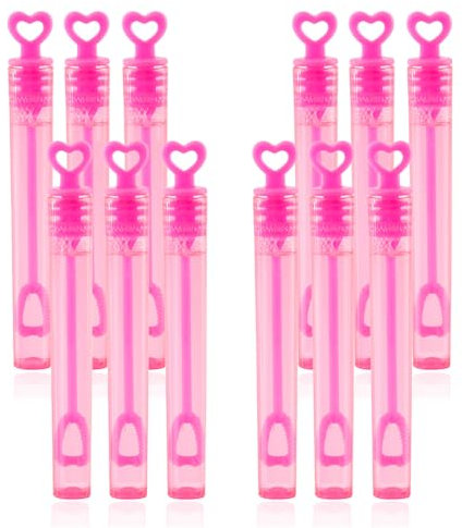 12 Mini Heart Bubble Tubes with 4ml Bubble Solution and Blow Wands - Wedding Party Favours, Parties, Celebrations, Children’s Birthday Party Bag Fillers, Kids Toys (Pink Heart 12 Pack)