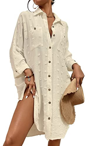Bsubseach Bouton Vers Le Bas Chemise Blanche Femme Couverture Robes Chic Et Elegant Robe de Plage Swiss Dot Abricot