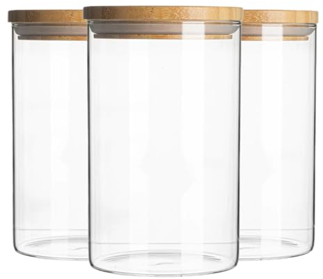 PRICE BEATER Set of 3 Glass Jars Containers, 1 Litre Airtight Food Storage Jars with Bamboo Lid, 3 Piece Canister Set Storing Cereal, Pasta, Tea Coffee Sugar, Dishwasher Safe (1 L - 3 Pc)