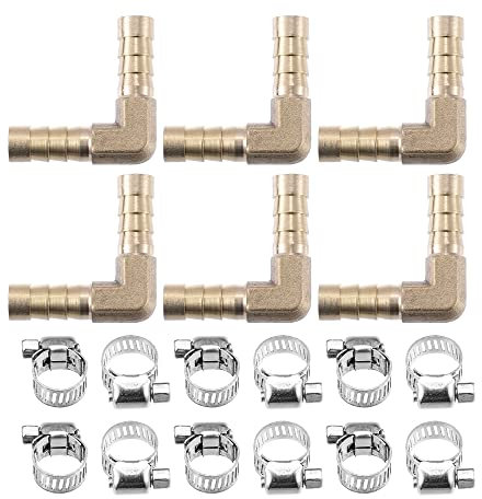 X AUTOHAUX 6Set 8mm L Shaped Hose Barb Brass Hose Fitting Connector with Clamp