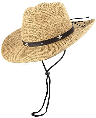 JowTreex Sombrero de paja para niños, sombrero de vaquero occidental, sombrero de playa al aire libre, sombrero de pesca para niñas y niños pequeños, caqui, Taille unique