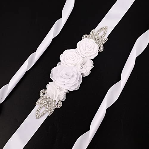 SYSUII Kristall Strass Gürtel Hochzeit Satin Schärpe Brautgürtel 270cm Braut Gürtel Rose Blume Hochzeit Party Brautjungfer Kleid Gürtel Taillengürtel Hüftgurt Hochzeitskleid Kleid Zubehör Weiße