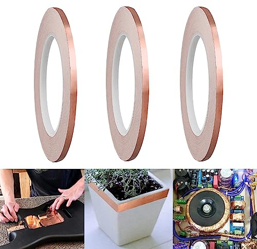 SKYPRO Lot de 3 rouleaux de ruban adhésif double face conducteur en cuivre pour protection contre les limaces et les escargots - Pour protection EMI, vitrail, guitare, plantes - 5 mm x 10 m
