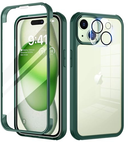 seacosmo för iPhone 15 Mobilskal, [9H HD] Integrerat Skärmglas och Linsskydd, 360 Grader Stöttåligt Fodral, Stötdämpande Skal för iPhone 15, Grön