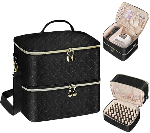 Bohemian Groß Nagellack Organizer Tasche, Doppelschicht Nagellack Aufbewahrungsbox, Nageldesign Organizer Koffer für 40 Flaschen Neonail Base(15ml-0.5 FL.Oz) & 1 Nagellampe(Schwarz)