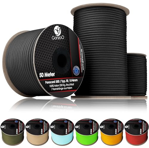 Ganzoo Paracord 550 Typ 3 Seil 4mm aus 100% Nylon, 50 m Rolle, 7 Kernstränge, 32 Litzen Außenmantel, Black, für Knoten, Flechten, Hundeleinen, Camping, Survival, Nicht zum Klettern