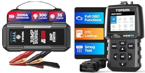 TOPDON Jump Starter JS2000, 2000A/16000mAh Battery Booster Jump Starter Power Pack for Up to 8L Gas & AL500 OBD2 Code Reader with Full OBD2 Functions, Universal Car Diagnostic Tool OBD Scanner