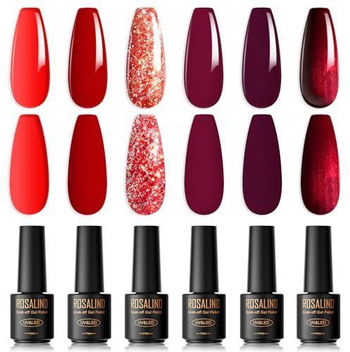 ROSALIND UV Nagellack Rot,6 Farben Rot Burgunder Dunkelrot Glitzer Set Soak Off UV LED Gellack Set Gel Nail Polish für Nagelstudio Design