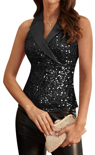 GRACE KARIN Damen Elegante Pailletten Tops Party Glitzer Geraffte Wickeltops Funkelnde Bluse für Weihnachtsabendessen Schwarz-Pailletten XXL