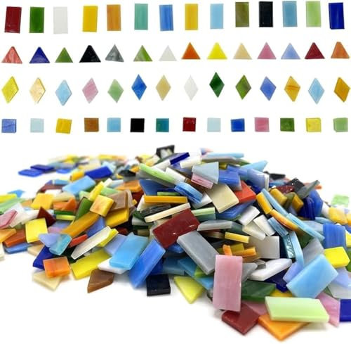 1100 Pieces DIY Glass Mosaic Tiles, 970g Mixed Shapes Colorful Stained Glass Hobbies Handmade Crafts, Decorations for Home, Kitchen,Bathroom Mosaic Projects, Easy for Beginners (Mix,Opaque)
