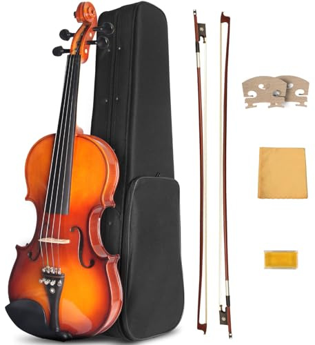 Ceciliec Acoustic Violin, 4/4 Full Size Solidwood Starter Violin Fiddle Kit for Beginners Students Adults, Violin Case, 2 Bows, Bridge- Stringed Musical Instruments