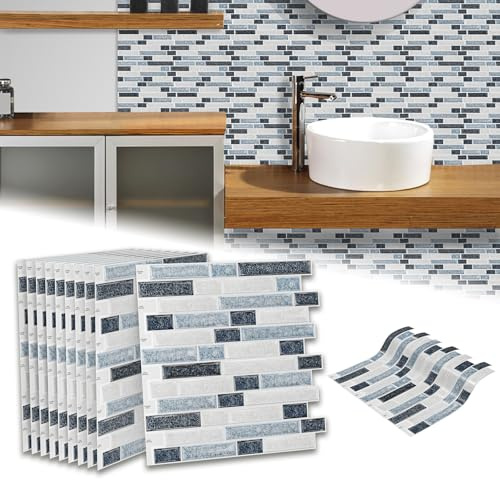 Froadp Fliesenaufkleber 30 x 30 cm, 3D Fliesen Aufkleber Selbstklebende Fliesen Selbstklebende Wandfliesen PVC-Fliesen für Küche Bad Küche Zurück Wandfliesen(10 Stück, Type C - Grau + Blau)