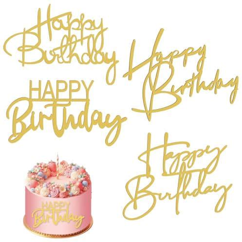 4 Pcs Gold Cake Decoration - Happy Birthday Cake Toppers 4 Styles Acrylic Glitter Letters Cake Decorations Gold Cake Topper for Photo Supply