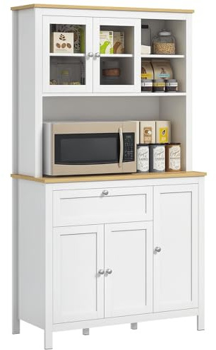 HOMCOM Credenza Cucina con Armadietti, Cassetto e Piano Portamicroonde, Mobile Dispensa con Ante in Vetro, Ripiani Regolabili, Mobile Cucina per Soggiorno, Sala da Pranzo, 100x40x180 cm, Bianco