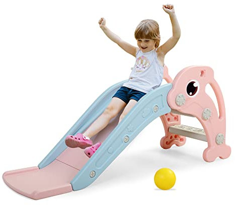 3 in 1 Toddler Slide for Boys Girls Age 1-3, Baby Slide Plastic Climber Playset with Basketball Hoop and Ball, Indoor Slide and Outdoor Playground Slide for Kids (Dolphin Pink)