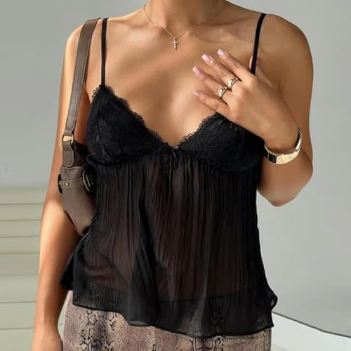 SLJYM Bow Front Babydoll Linne Dam Sexig Flowy Ruffle Camisole Spetskant V-hals Cami Top Spaghetti Strap Dam Crop Vest