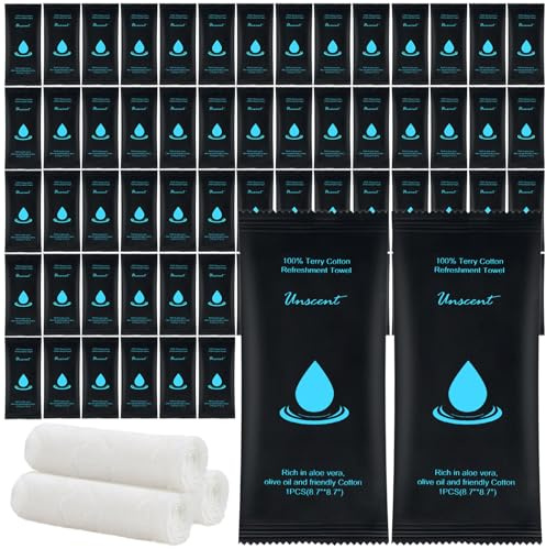 Moist Cotton Towel Bulk Moist Towelettes Individually Wrapped 8.7 x 8.7,White Towel Services,Refreshment Pre Moistened Towels for Travel Sport Party Spa Dentist (1 Count (Pack of 50), Unscented)