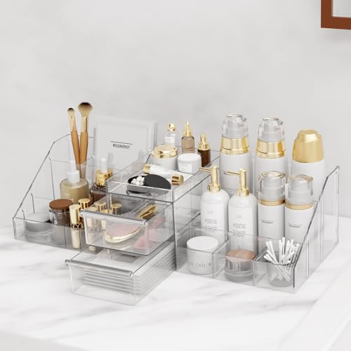 Makeup Organiser,2 In 1 Large Capacity Cosmetic Organiser With 2 Drawers And 16 Compartment, Suitable For Bathroom Bedroom Dressing Table-Clear