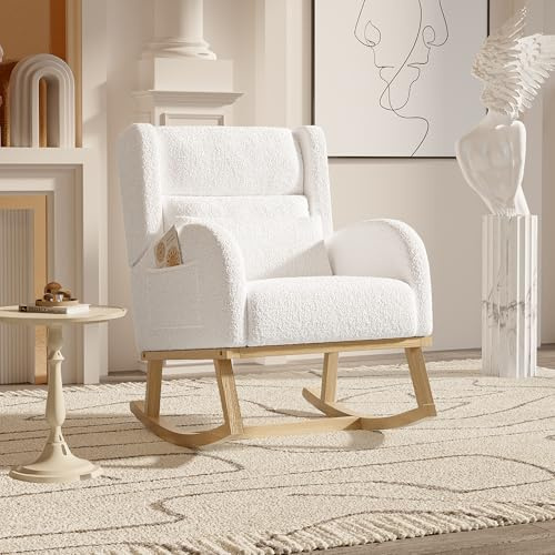 JiaOyu Schaukelstuhl, Komfortabler Relaxsessel mit Lendenkissen & Seitentaschen, Weicher Gepolsterter Schaukelsessel Schwingsessel für Wohnzimmer, Schlafzimmer & Balkon (Weiß/Teddysamt/Kissen)