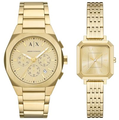 Armani Exchange A|X Men's & Women's Sync Gold-Tone Stainless Steel Chronograph Watch Pair Analog Watch for Men and Women, Gift Set