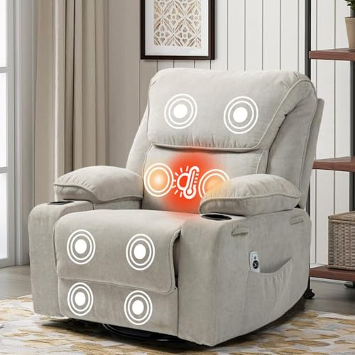 BRTHORY Relaxsessel mit Massagefunktion Fernsehsessel Liegefunktion Vibration Heizung, Dicke Rückenlehne und Armlehnen, Massagesessel mit Wippfunktion, 360°drehbar, Beige